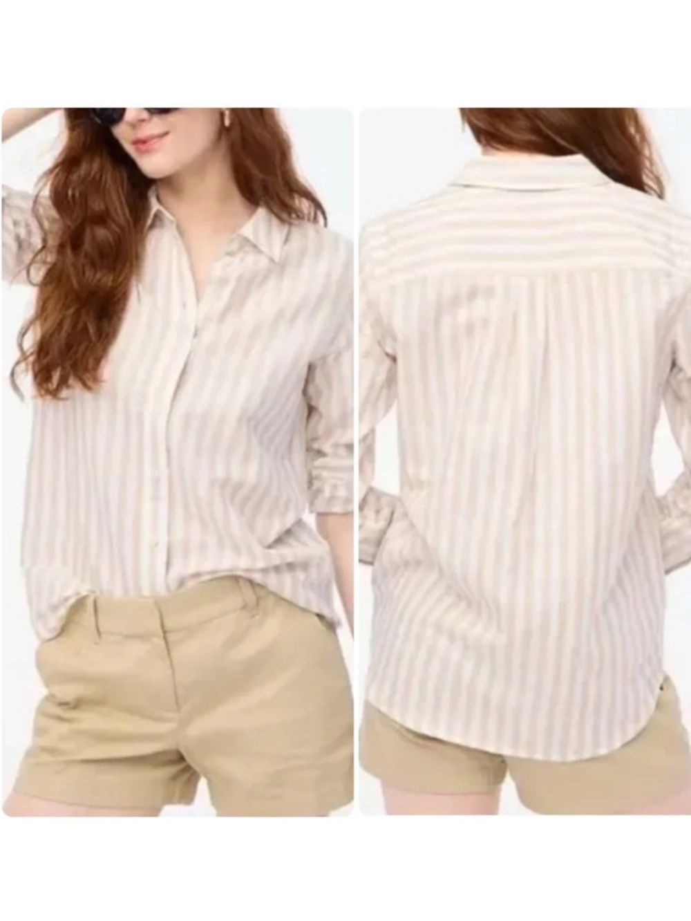 J.Crew Linen Stripe Shirt XL Beige White Button Up Long Sleeve Casual Slim Fit